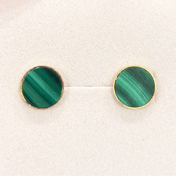 Vintage Malachite Gold Earrings: 18K solid yellow gold genuine inlay studs